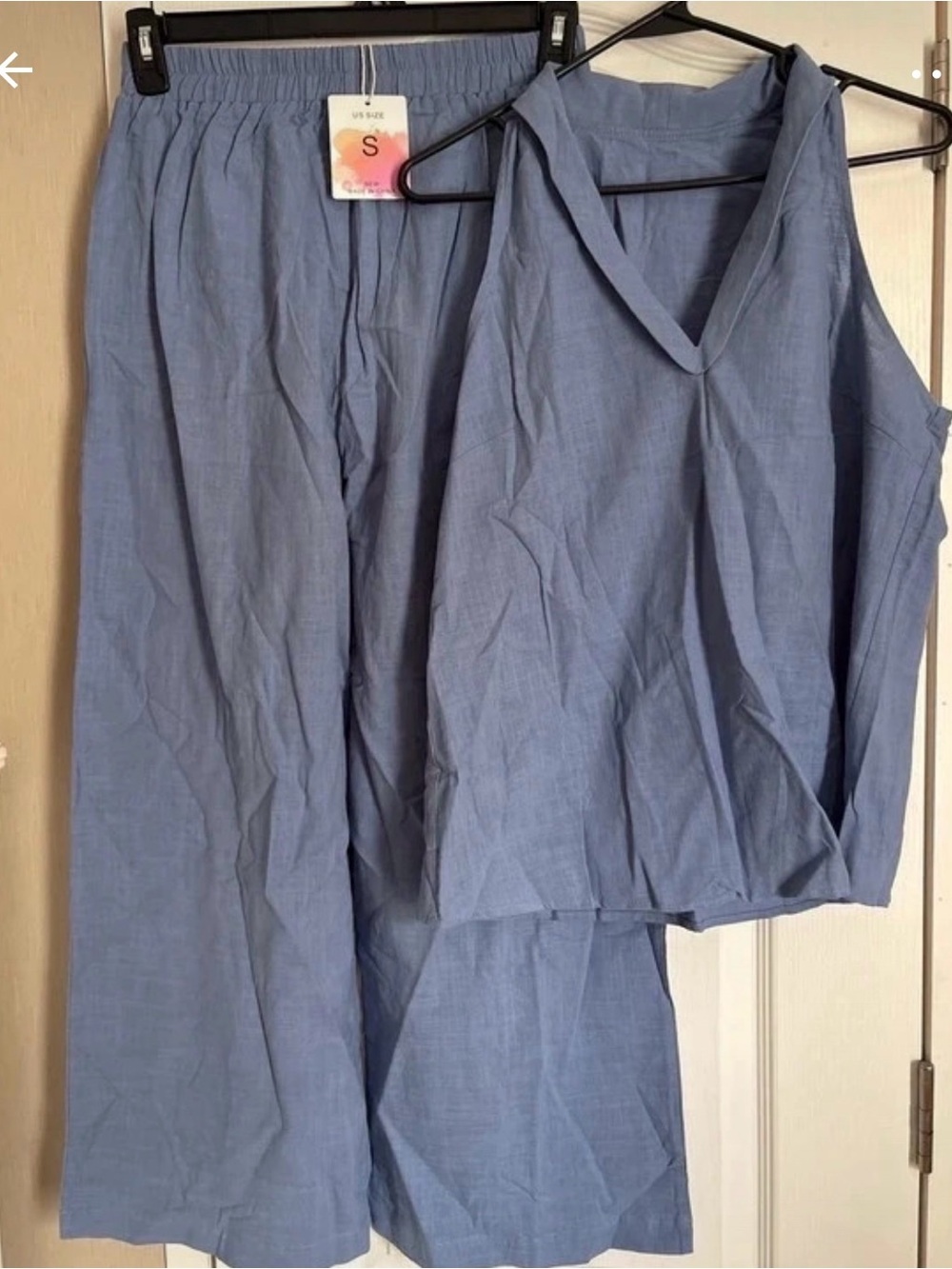 Light Blue V-Neck Linen Blend pant set - Small